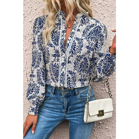 Ebba Sky Blue Bohemian Printed Bishop Sleeve Lace Shirt