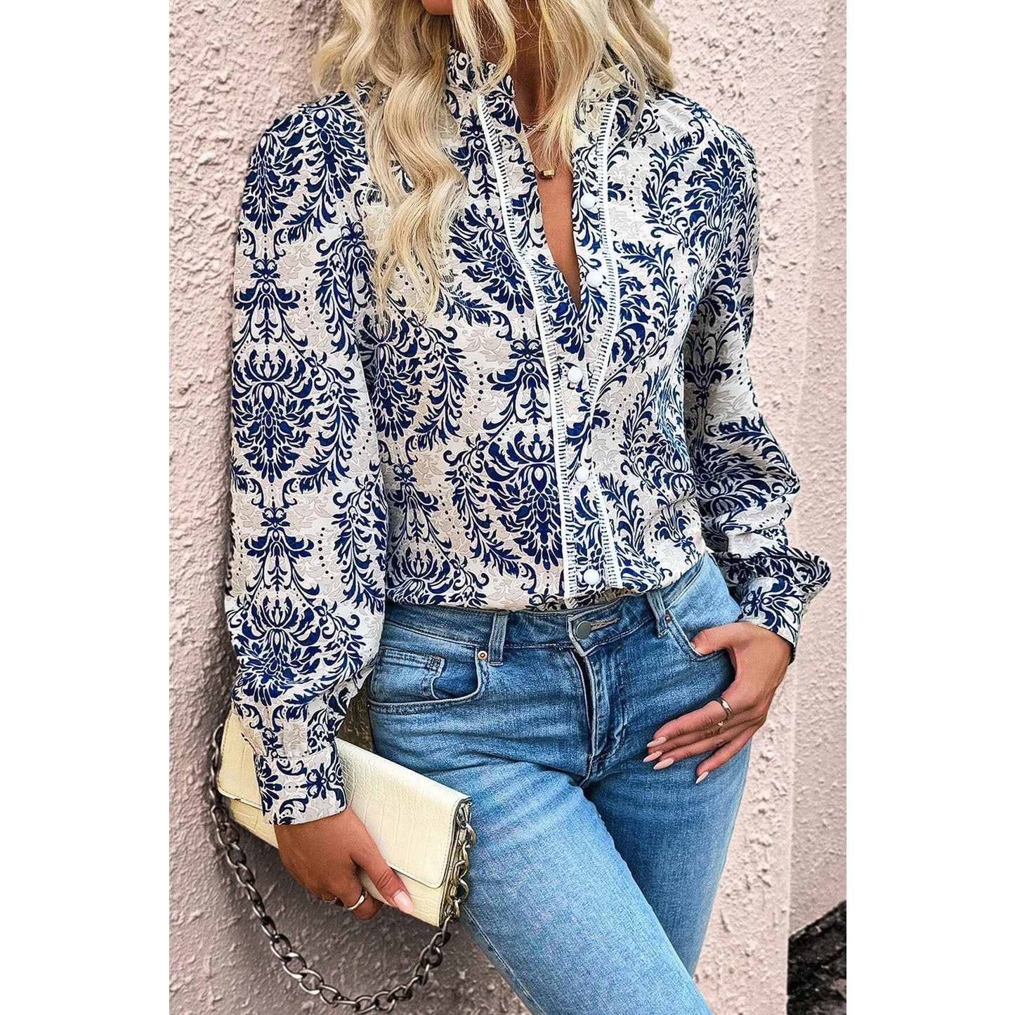 Ebba Sky Blue Bohemian Printed Bishop Sleeve Lace Shirt