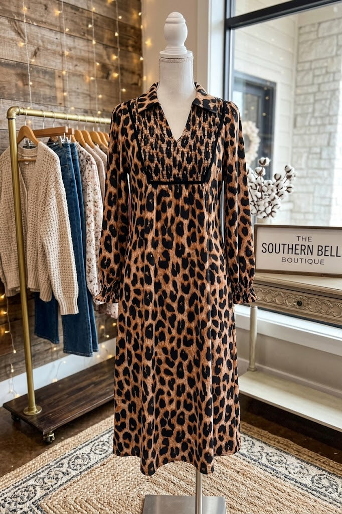 Kacey Brown Leopard Print Smocked Detail Flowy Midi Dress