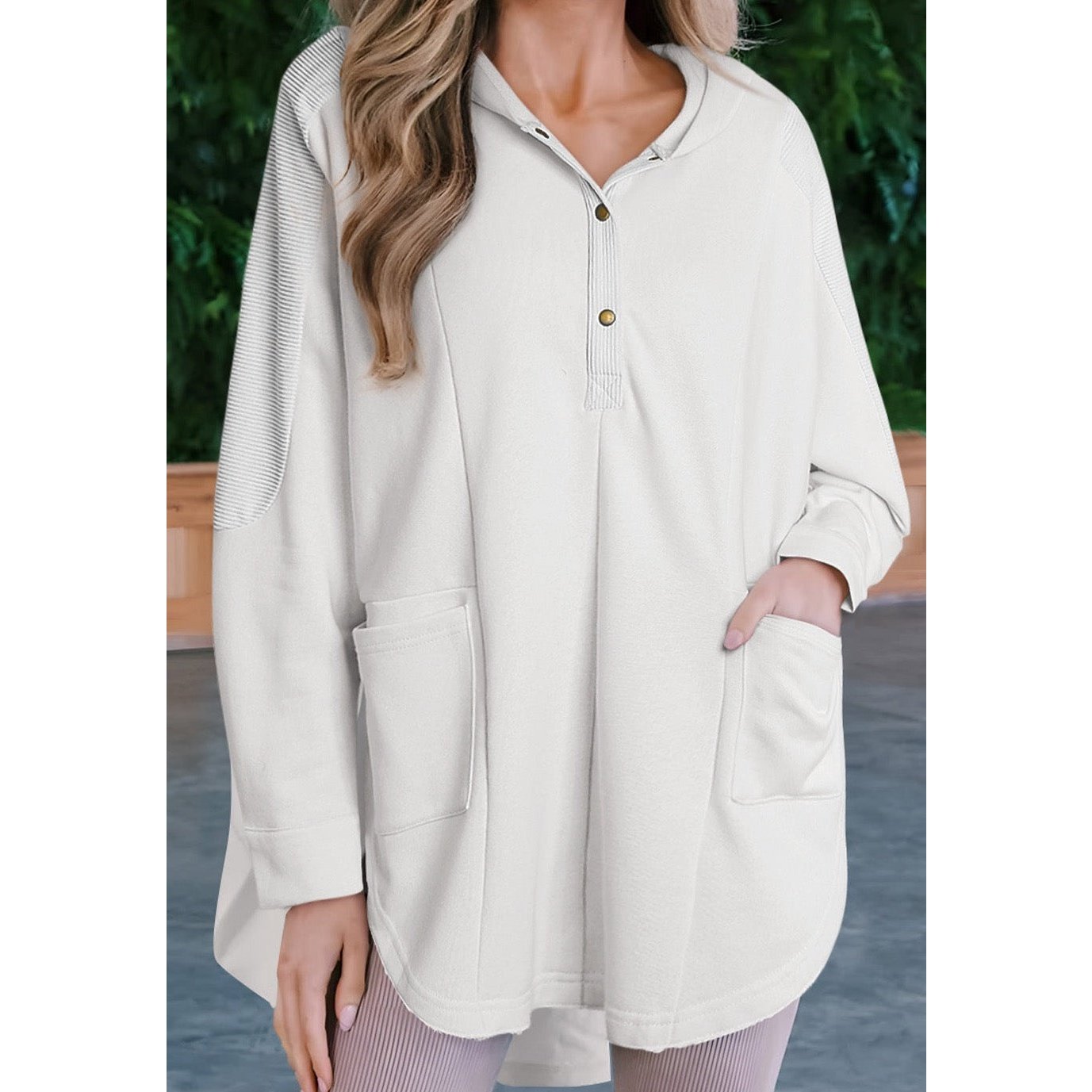 Dollie White Patchwork Side Pockets Oversized Henley Hoodie