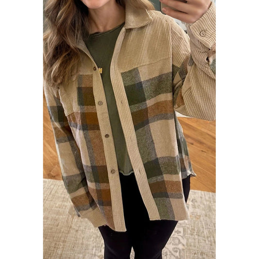 Edra Parchment Retro Plaid Corduroy Patchwork Shacket
