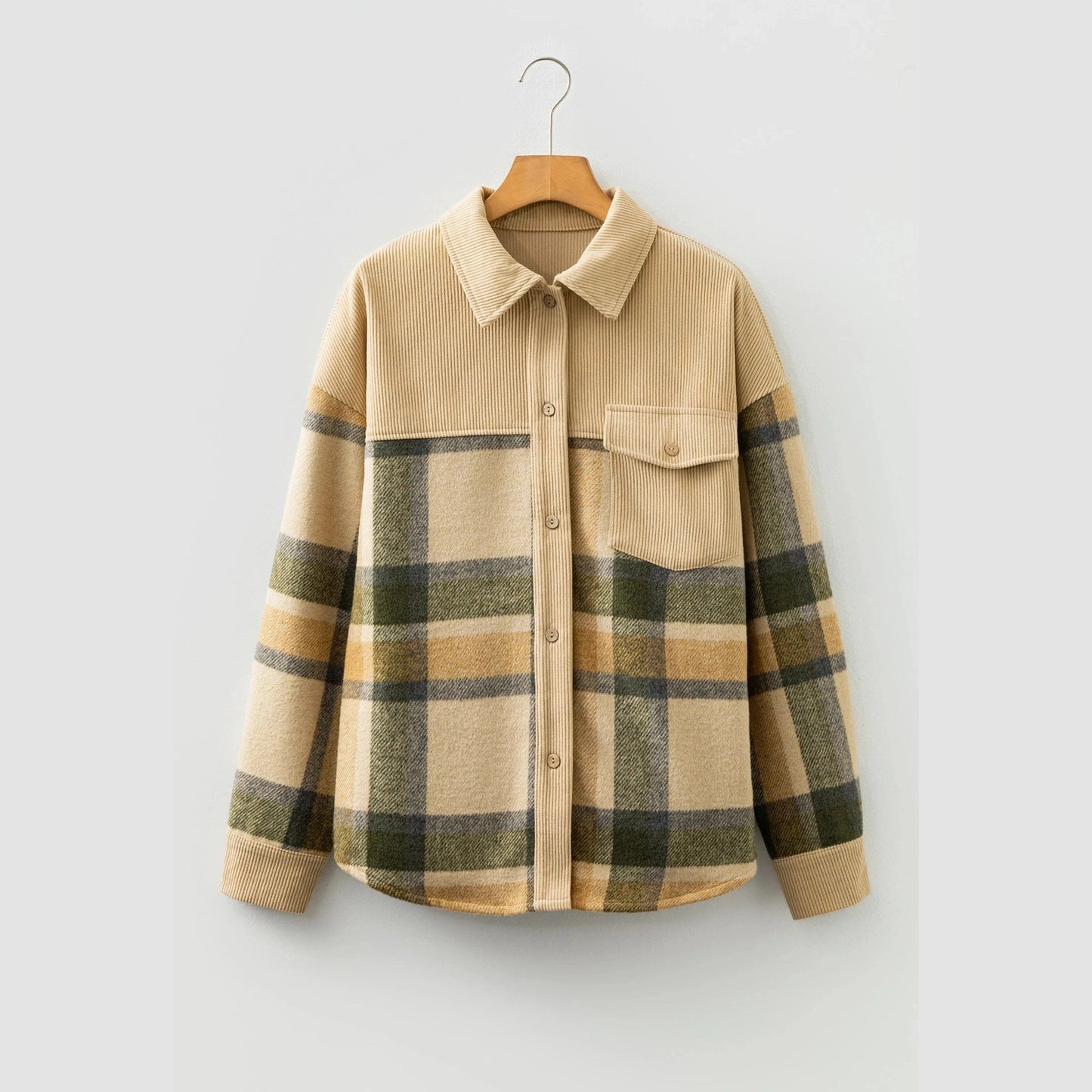 Edra Parchment Retro Plaid Corduroy Patchwork Shacket