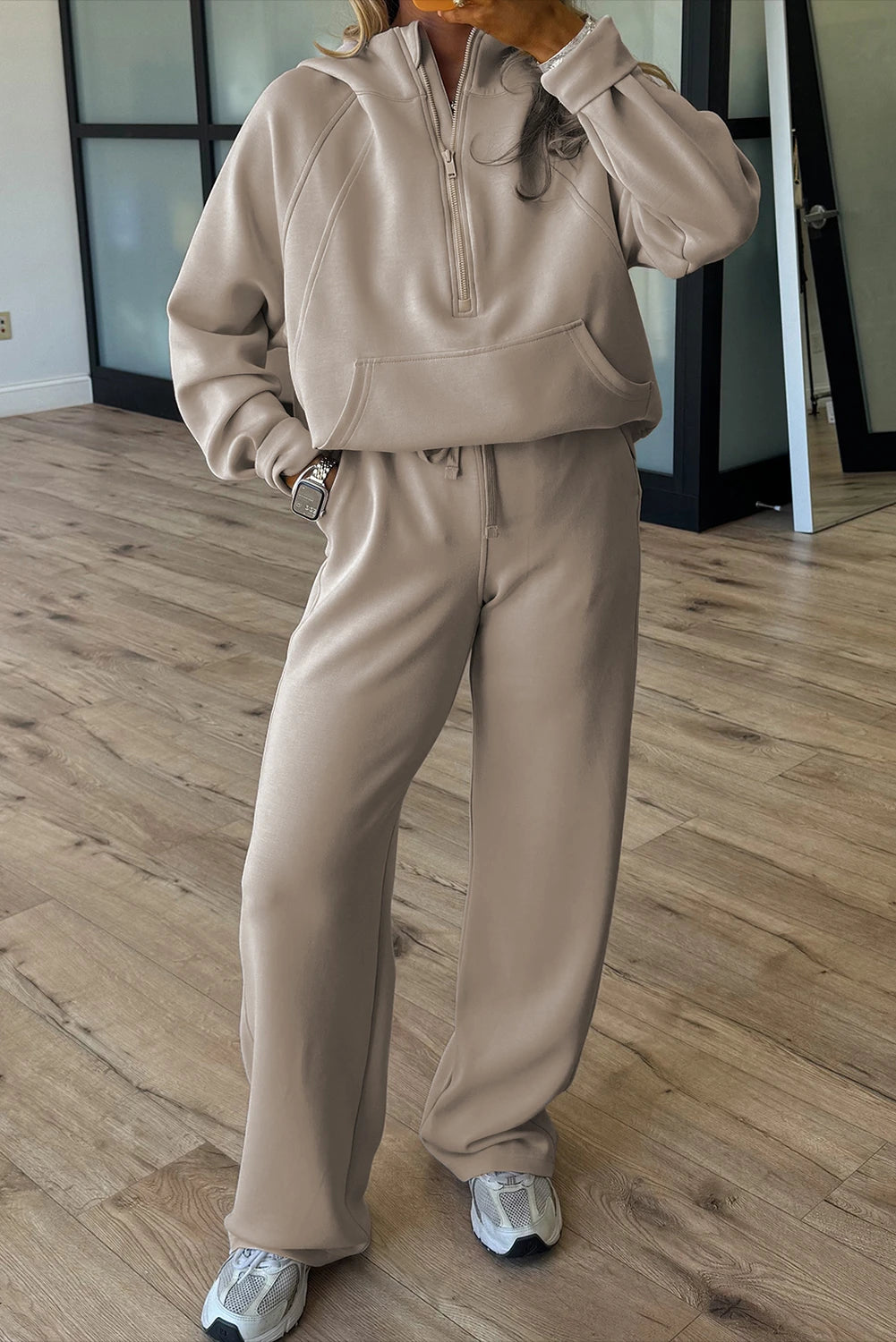 Emma Jane Taupe Half Zip Thumbhole Sleeve Hoodie Active Pants 2pcs Outfit