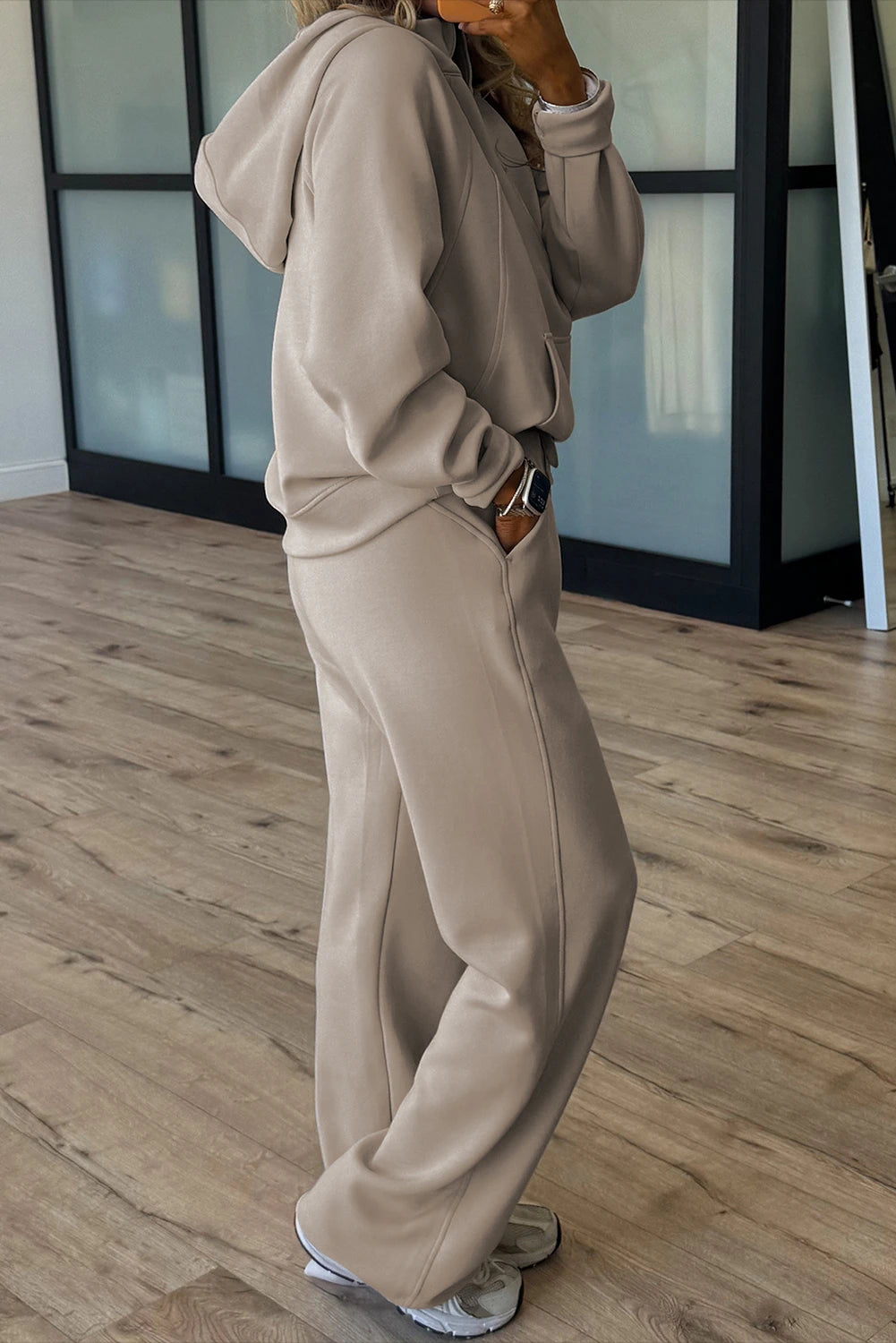 Emma Jane Taupe Half Zip Thumbhole Sleeve Hoodie Active Pants 2pcs Outfit