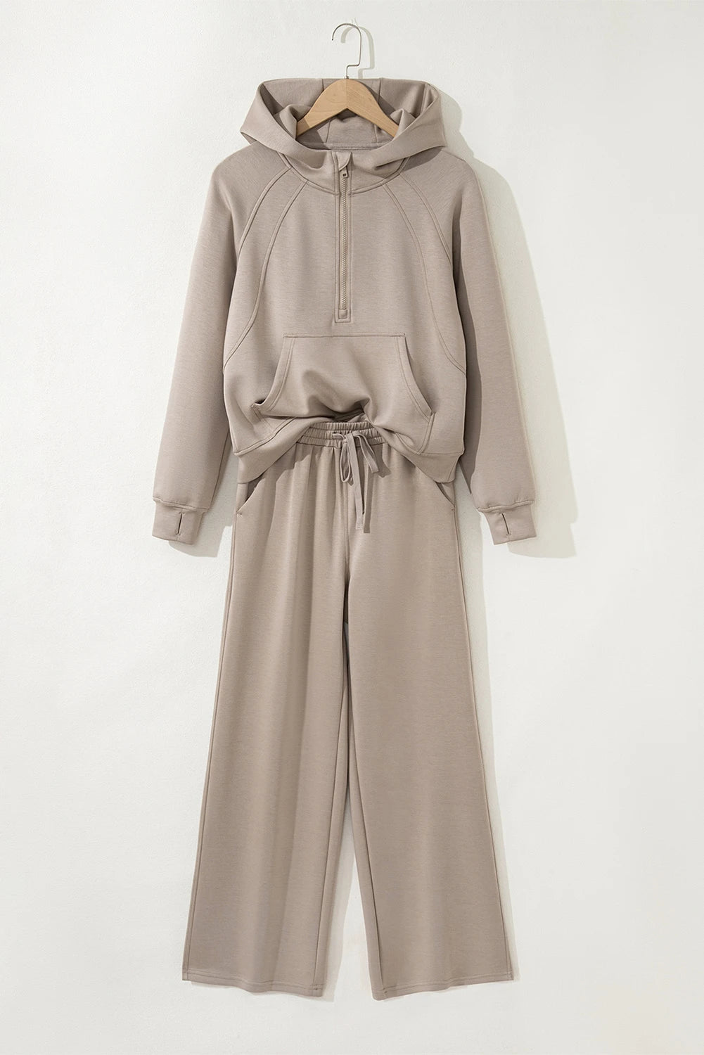 Emma Jane Taupe Half Zip Thumbhole Sleeve Hoodie Active Pants 2pcs Outfit