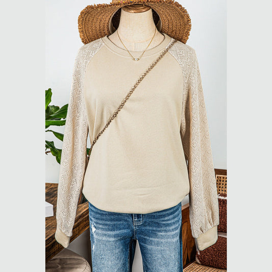 Elaine Parchment Eyelet Knit Patchwork Raglan Sleeve Pullover Top