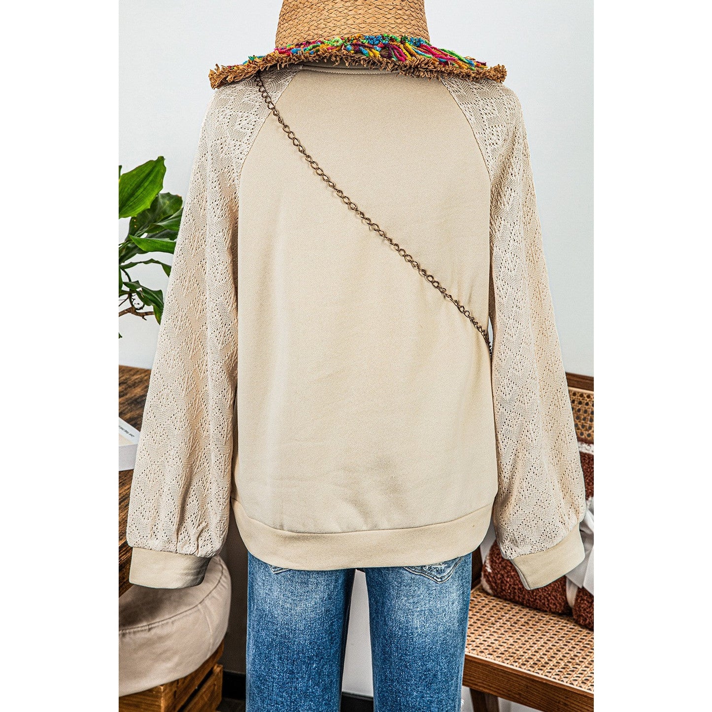 Elaine Parchment Eyelet Knit Patchwork Raglan Sleeve Pullover Top