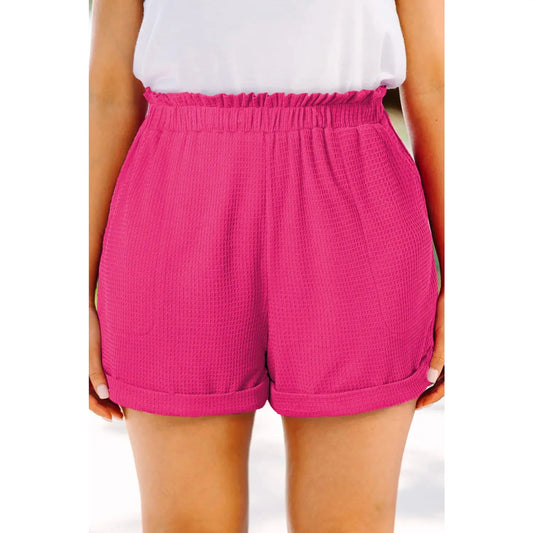 Eleanora Bright Pink PLUS SIZE Rolled Edge Ruffled Elastic Waist Textured Shorts