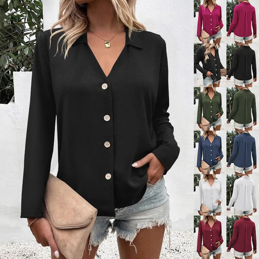 Eleanora Lapel Button Up Long Sleeve Blouse - 6 Colors
