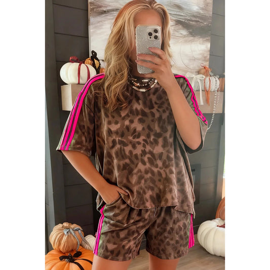 Electra Brown Contrast Striped Accent Leopard Short Set