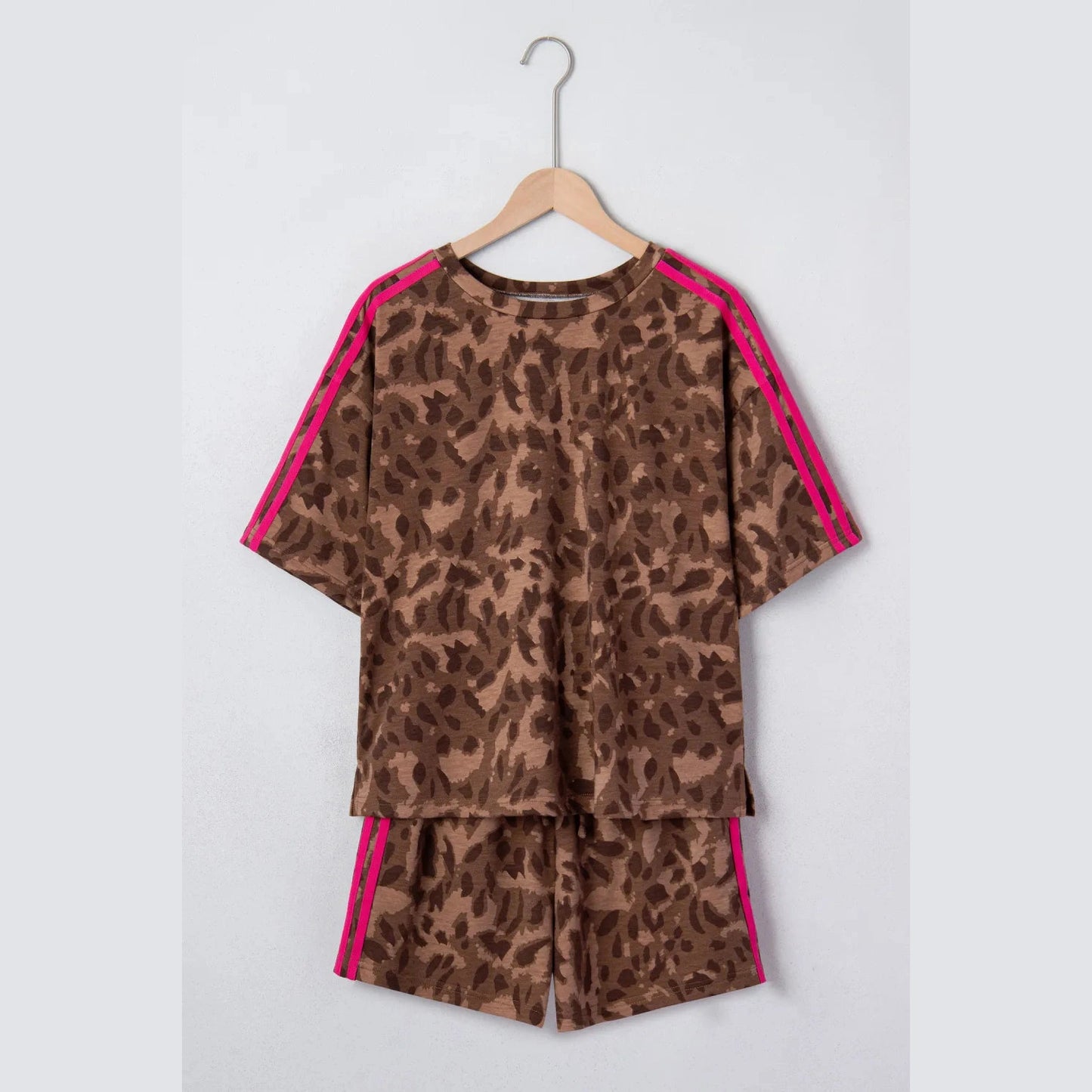 Electra Brown Contrast Striped Accent Leopard Short Set