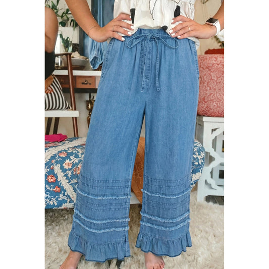 Elfrida Dusk Blue Ruffled Hem Wide Leg Chambray Pants