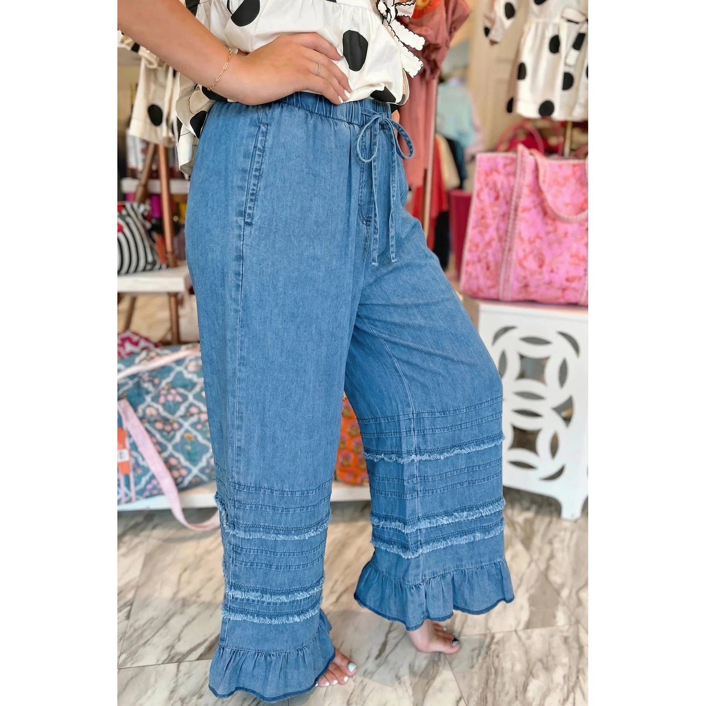Elfrida Dusk Blue Ruffled Hem Wide Leg Chambray Pants