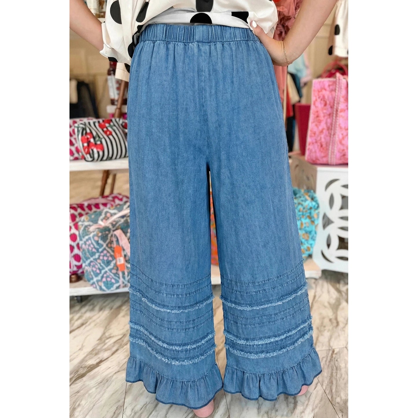 Elfrida Dusk Blue Ruffled Hem Wide Leg Chambray Pants