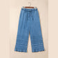 Elfrida Dusk Blue Ruffled Hem Wide Leg Chambray Pants