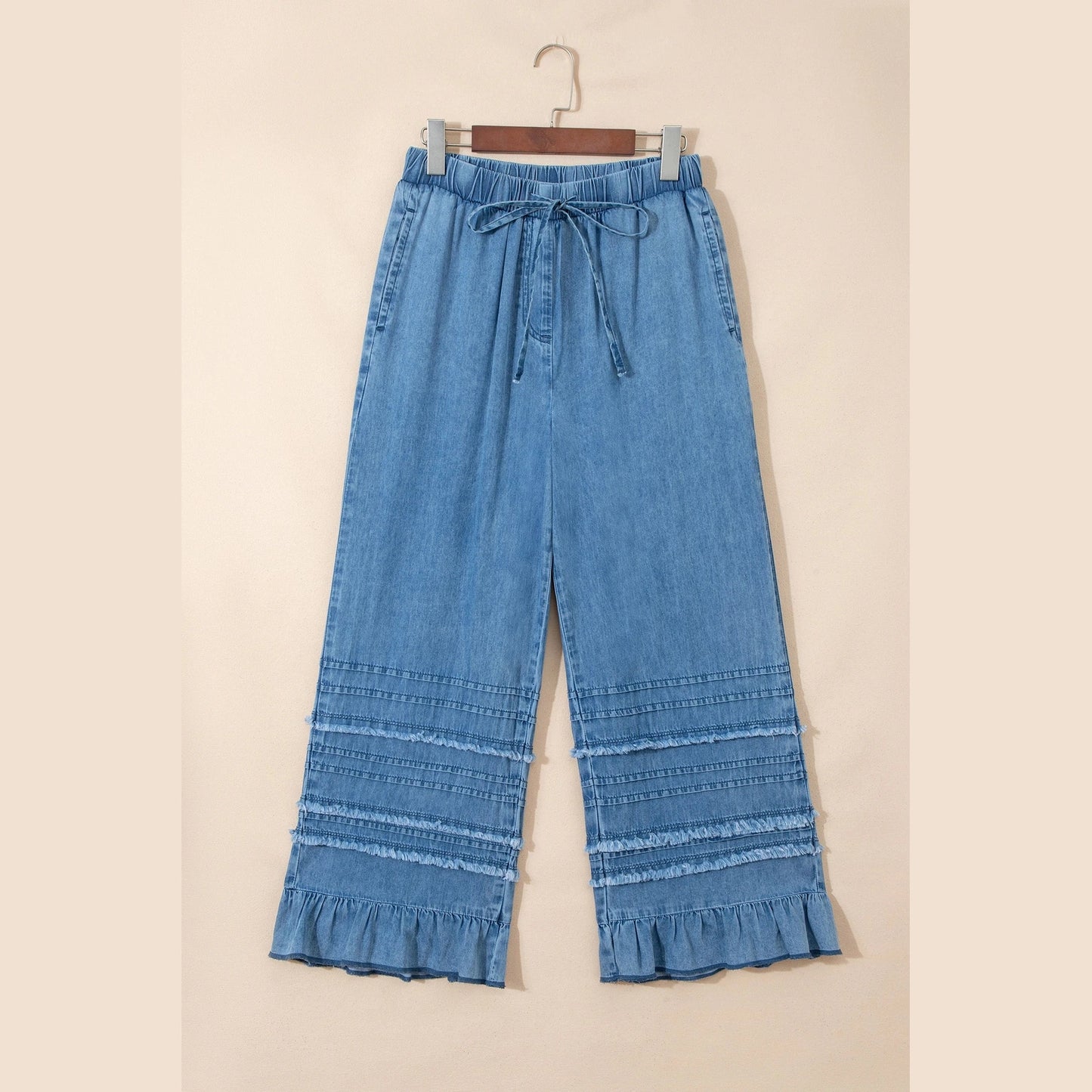 Elfrida Dusk Blue Ruffled Hem Wide Leg Chambray Pants