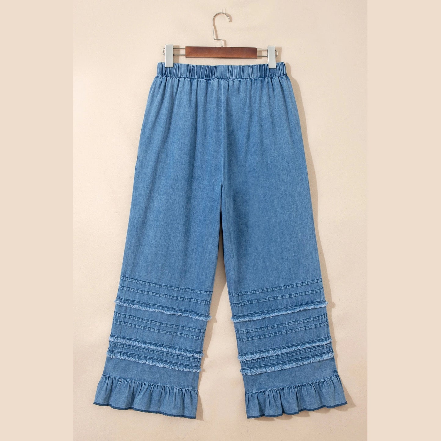 Elfrida Dusk Blue Ruffled Hem Wide Leg Chambray Pants