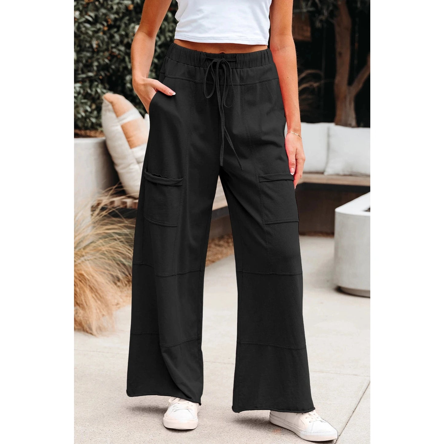 Elin Black Mineral Wash Exposed Seam Drawstring High Waist Wide Leg Cargo Pants