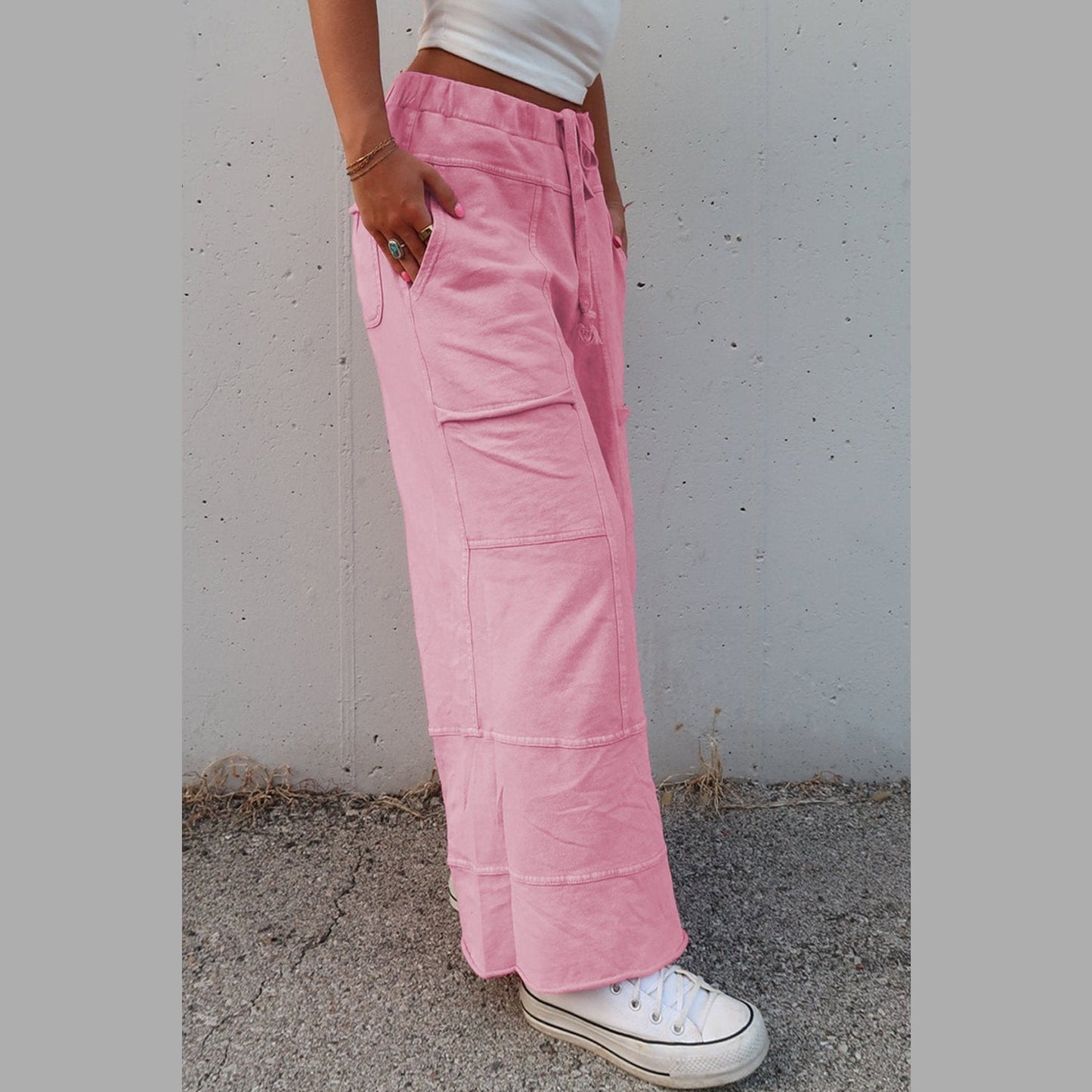 Elin Bonbon Pink Mineral Wash Exposed Seam Drawstring High Waist Wide Leg Cargo Pants