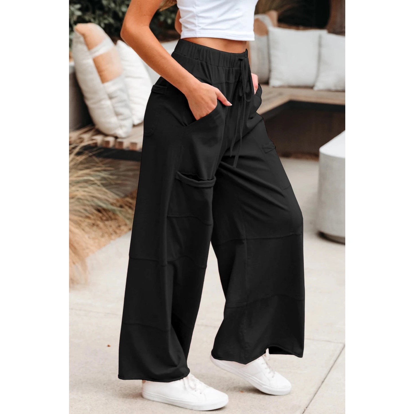 Elin Black Mineral Wash Exposed Seam Drawstring High Waist Wide Leg Cargo Pants