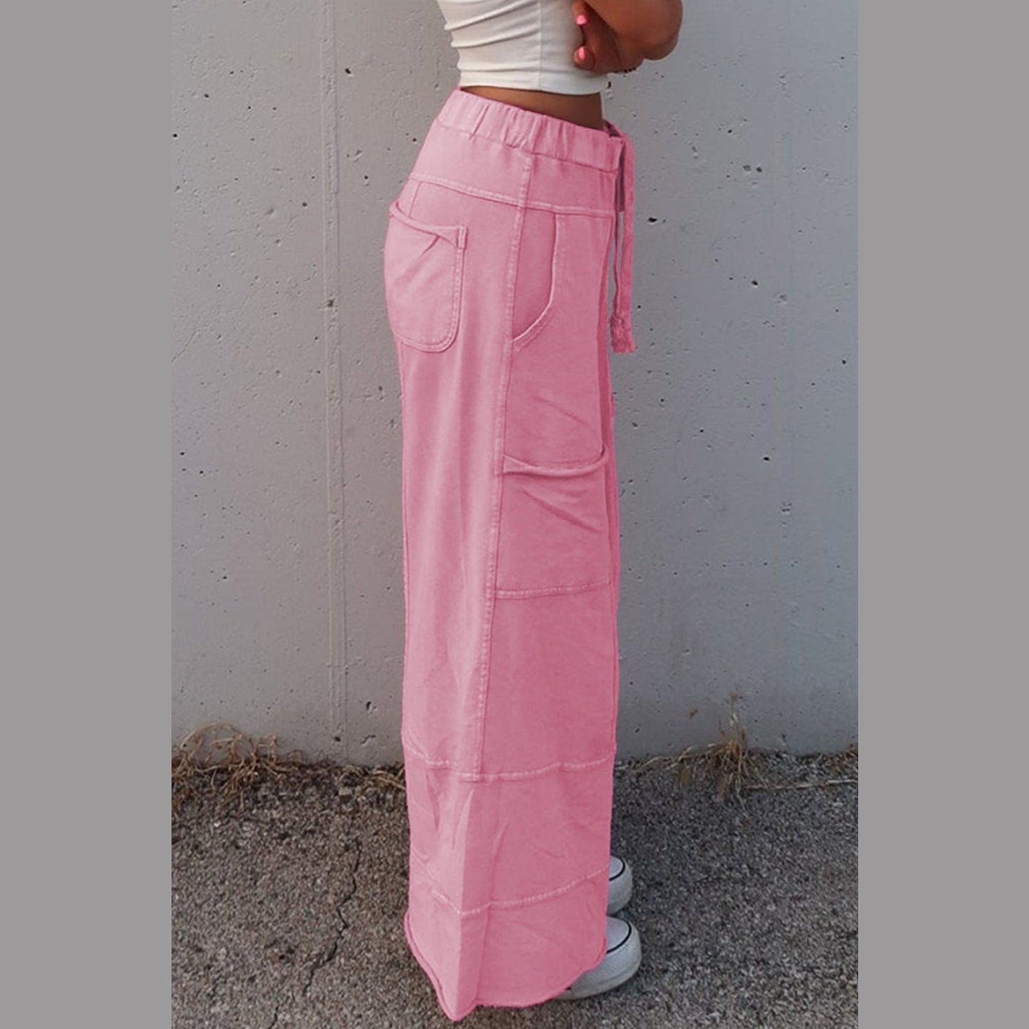 Elin Bonbon Pink Mineral Wash Exposed Seam Drawstring High Waist Wide Leg Cargo Pants