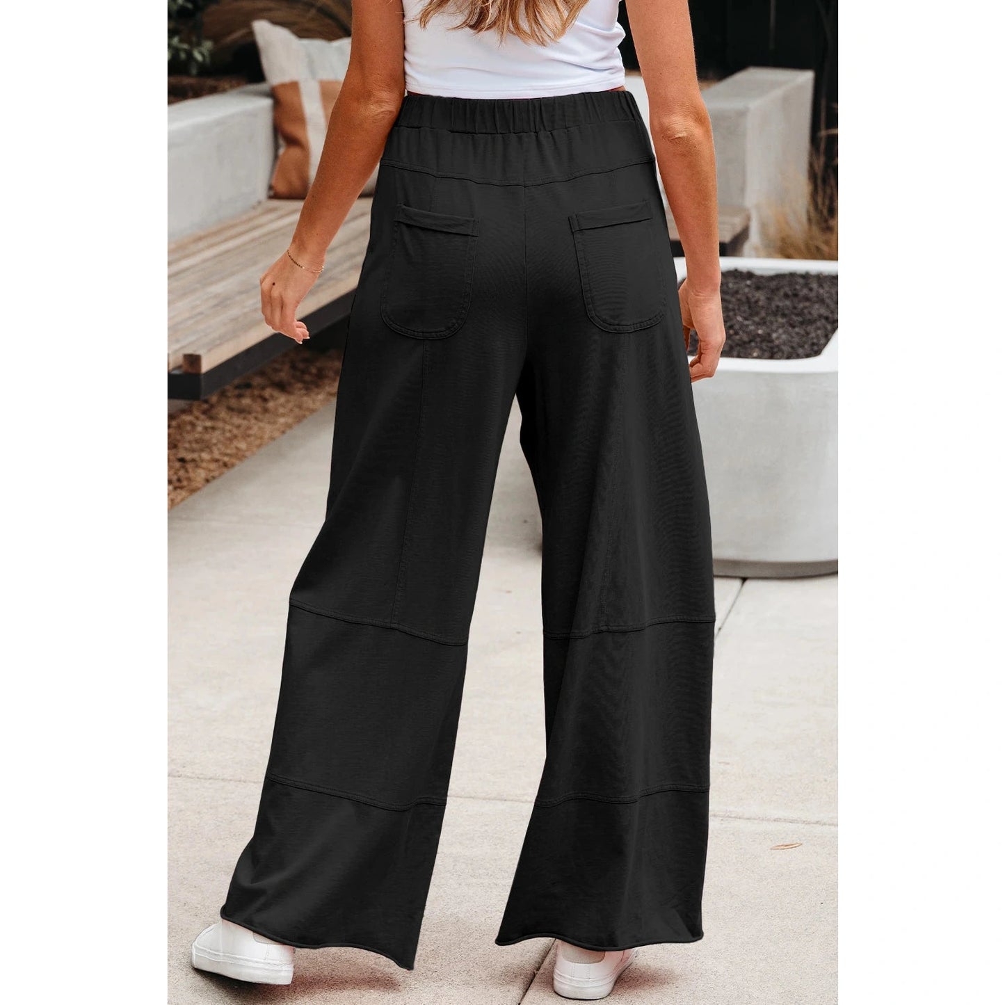 Elin Black Mineral Wash Exposed Seam Drawstring High Waist Wide Leg Cargo Pants