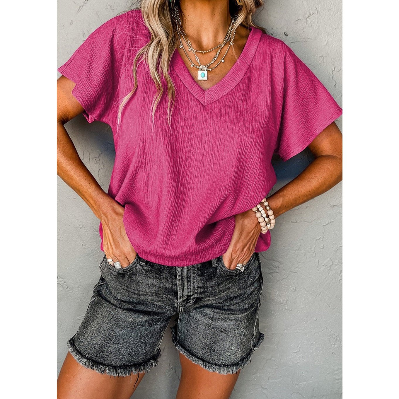 RTS Elin Bright Pink Sapphire Crinkled V Neck Wide Sleeve T-shirt