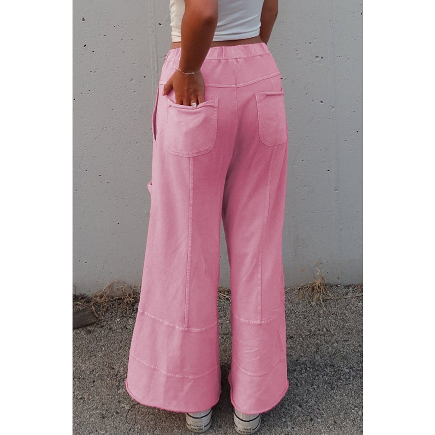 Elin Bonbon Pink Mineral Wash Exposed Seam Drawstring High Waist Wide Leg Cargo Pants