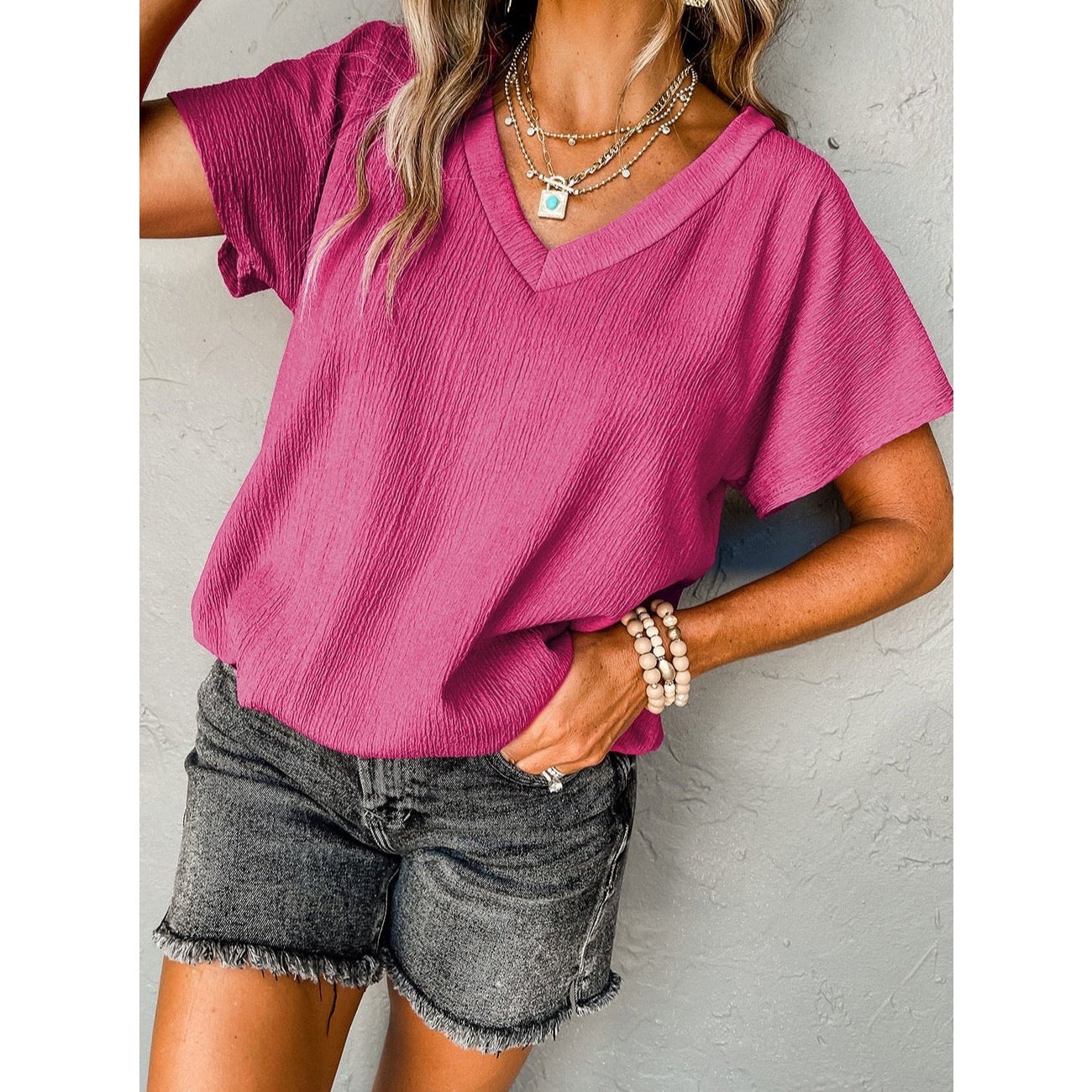 RTS Elin Bright Pink Sapphire Crinkled V Neck Wide Sleeve T-shirt