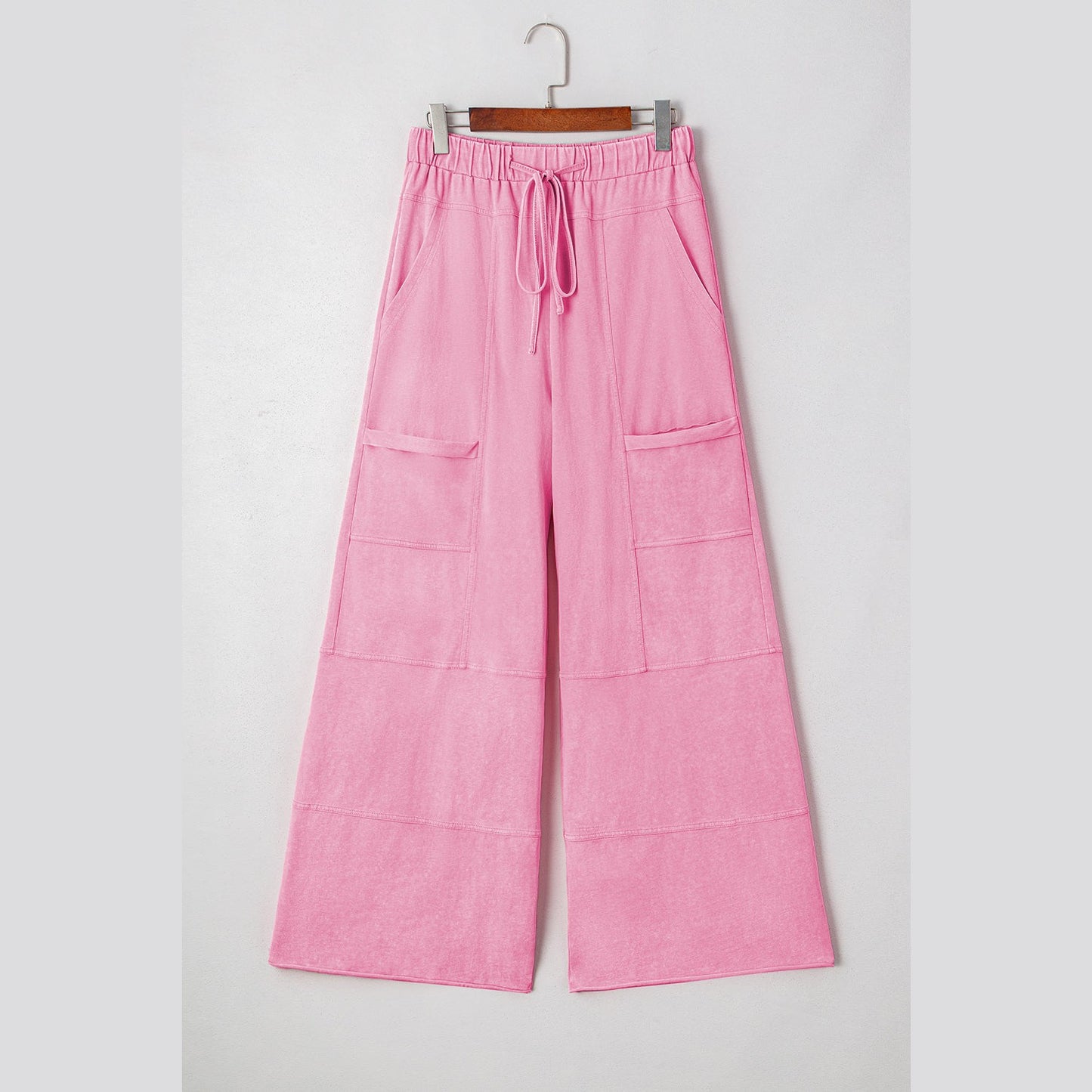 Elin Bonbon Pink Mineral Wash Exposed Seam Drawstring High Waist Wide Leg Cargo Pants