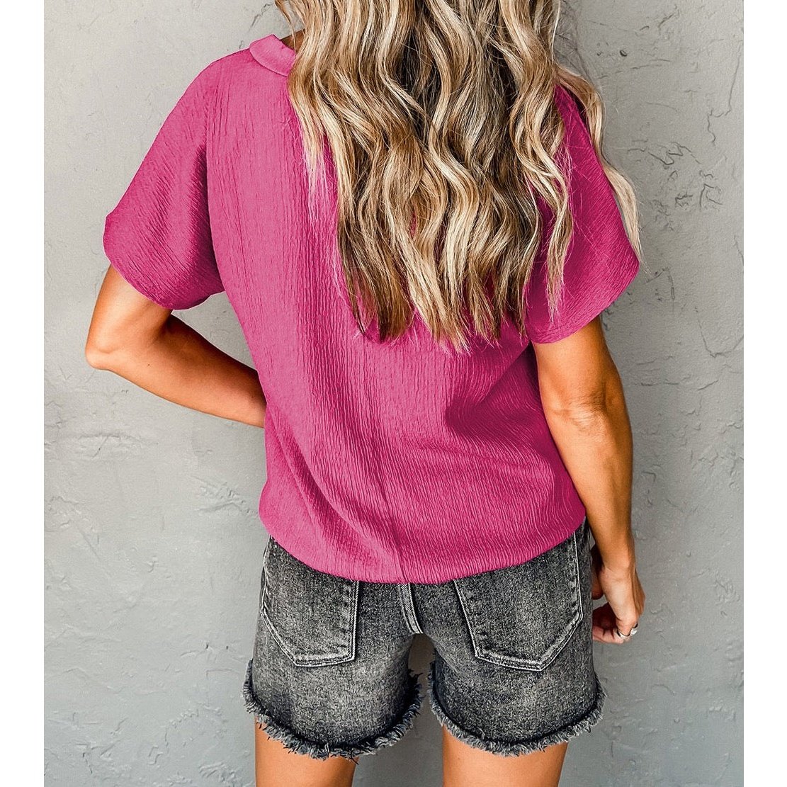 RTS Elin Bright Pink Sapphire Crinkled V Neck Wide Sleeve T-shirt
