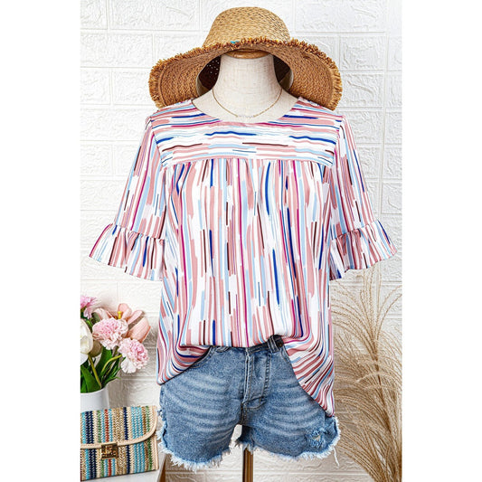 Elisha White Multicolor Striped Splash Half Sleeve Blouse - S to 3X