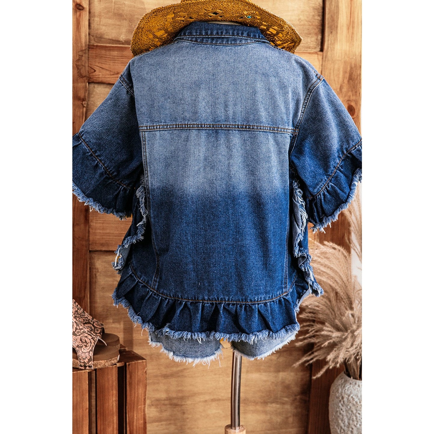 Ellerie Peacock Blue Raw Edge Ruffled Short Sleeve Denim Jacket