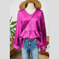 Ellie Mae Hot Pink Metallic Frilled V Neck Puff Sleeve Babydoll Blouse