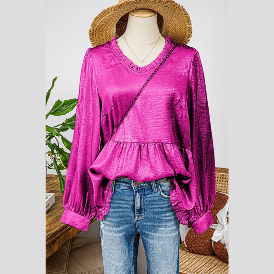 Ellie Mae Hot Pink Metallic Frilled V Neck Puff Sleeve Babydoll Blouse