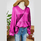 Ellie Mae Hot Pink Metallic Frilled V Neck Puff Sleeve Babydoll Blouse