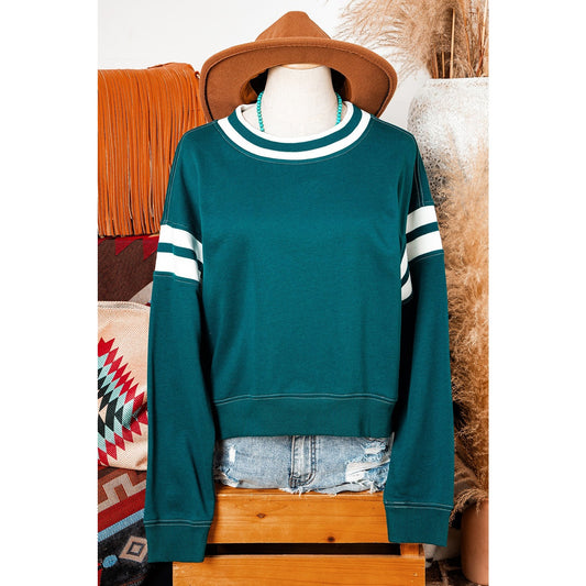 Elliott Green Contrast Striped Patchwork Round Neck Drop Shoulder Sweatshirt