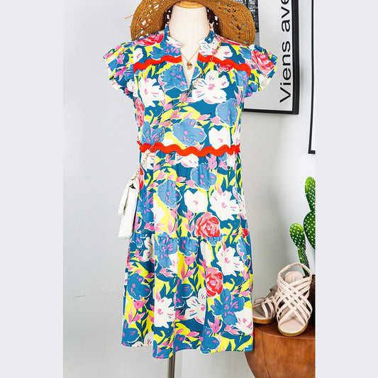Eloise Sky Blue Floral Printed V Notched Ric Rac Flutter Sleeve Dress