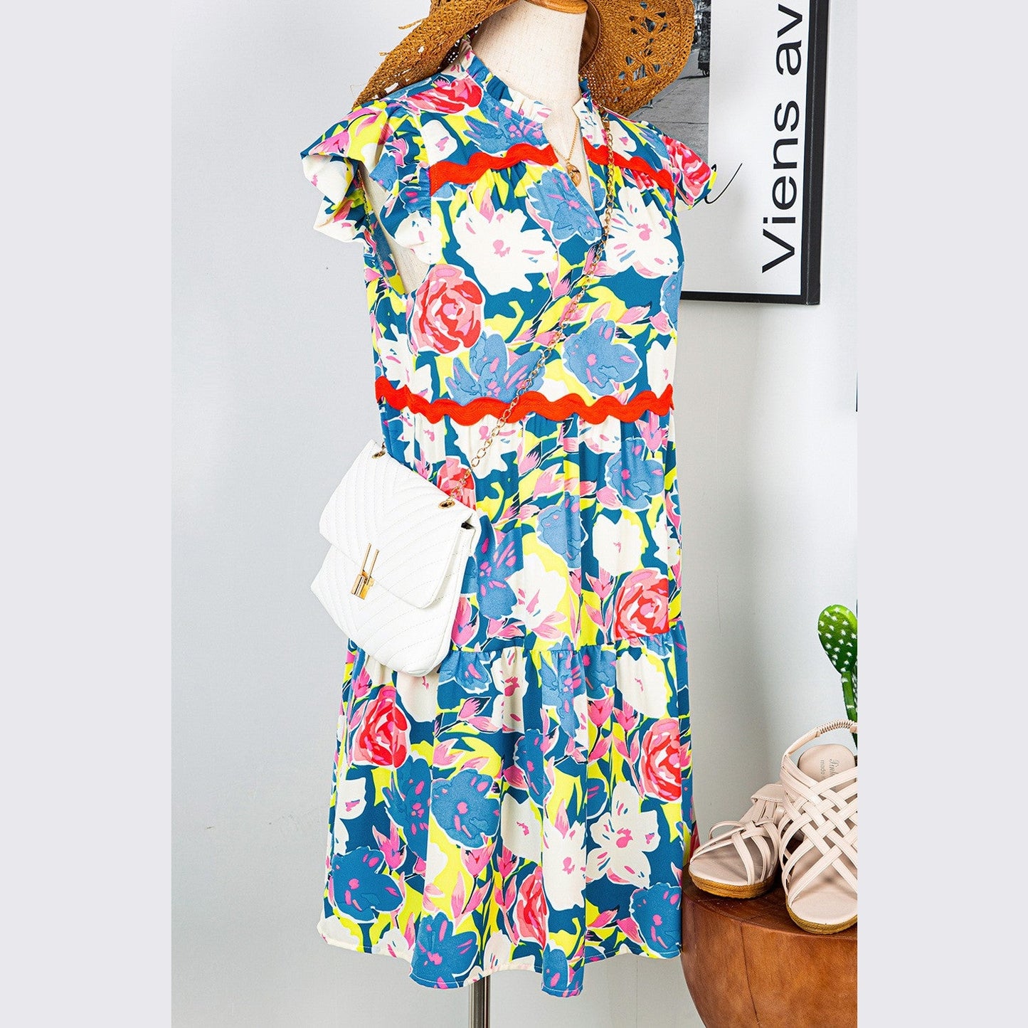 Eloise Sky Blue Floral Printed V Notched Ric Rac Flutter Sleeve Dress