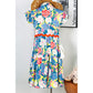 Eloise Sky Blue Floral Printed V Notched Ric Rac Flutter Sleeve Dress