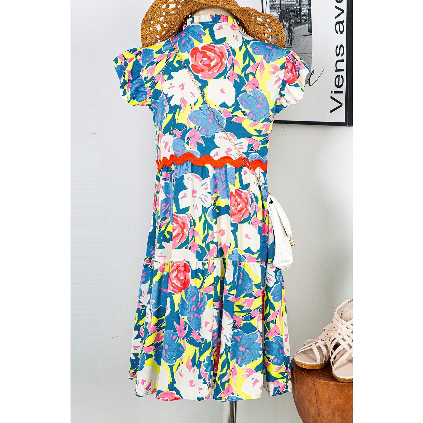 Eloise Sky Blue Floral Printed V Notched Ric Rac Flutter Sleeve Dress
