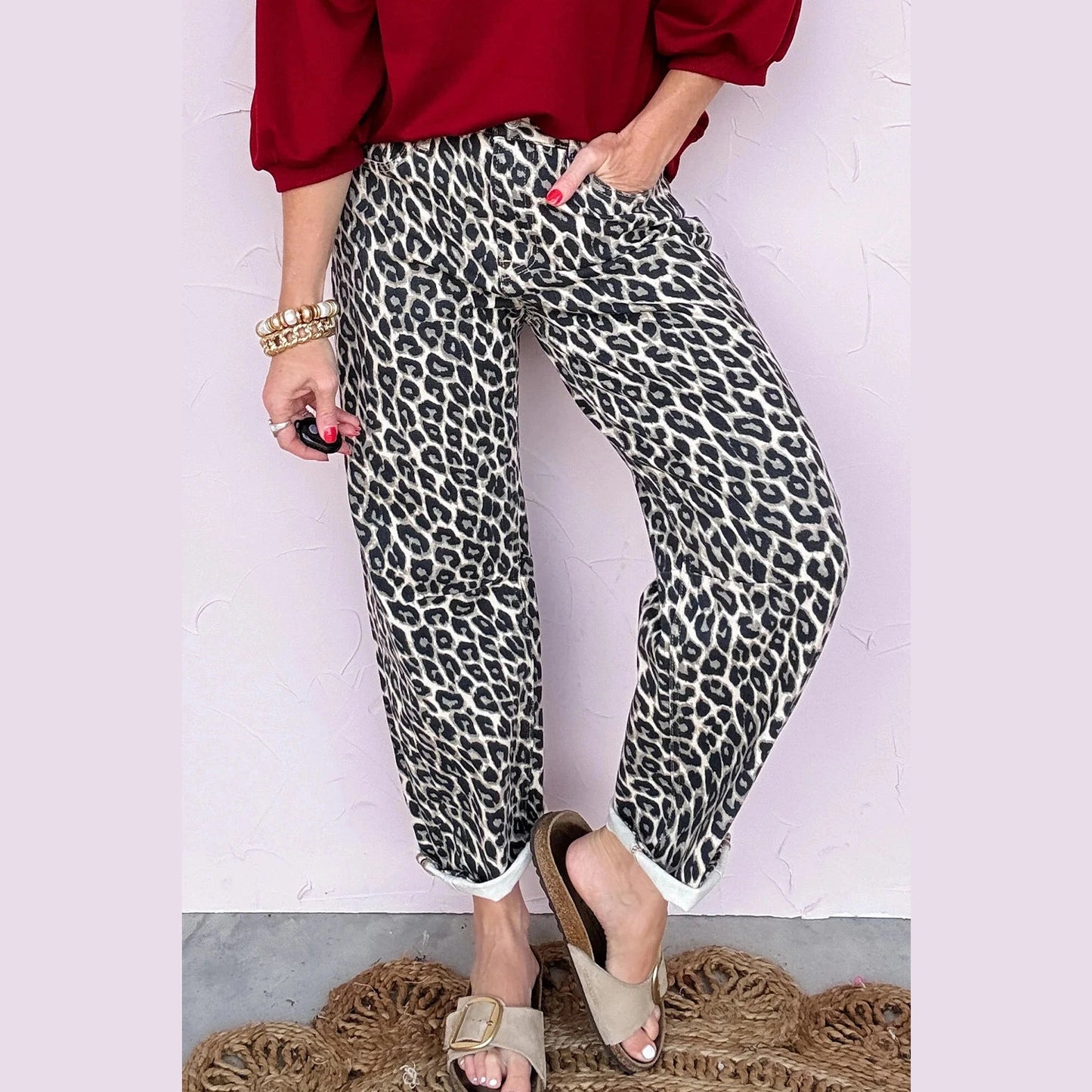 Elsa Black Leopard Print Barrel Jeans