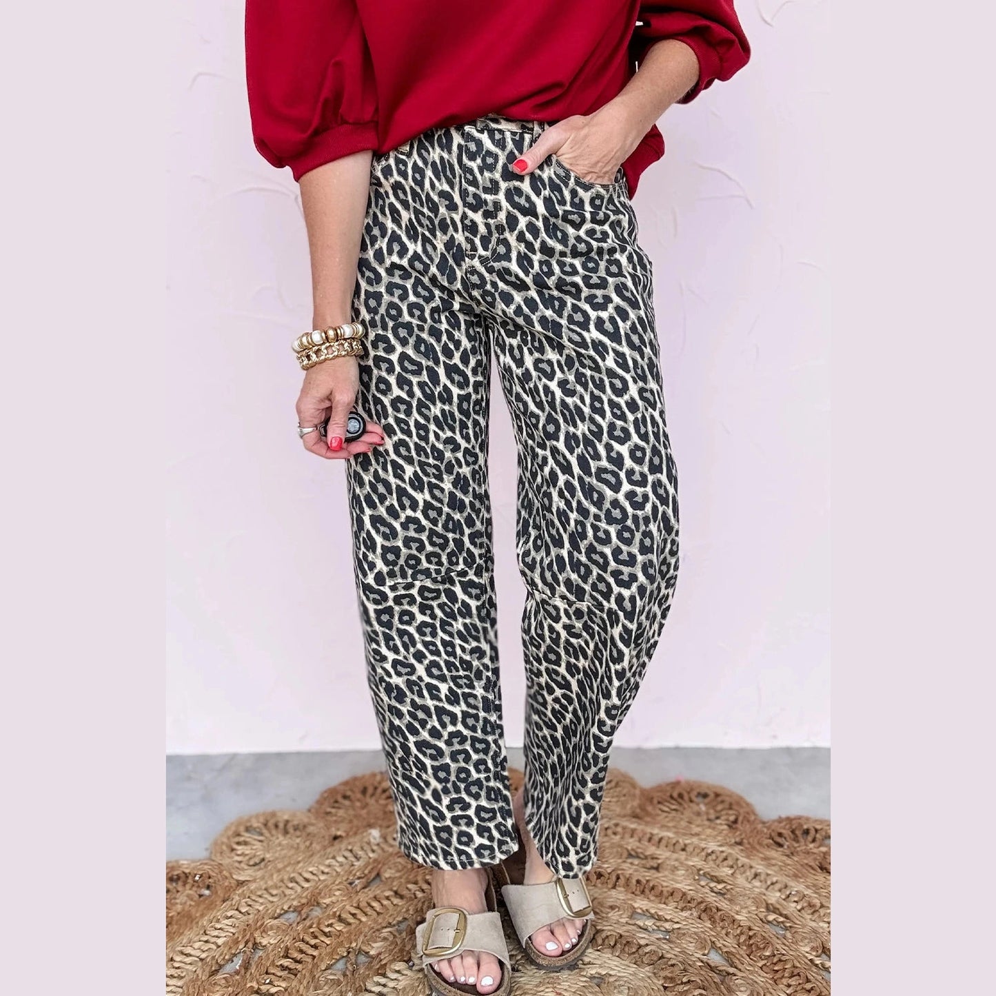 Elsa Black Leopard Print Barrel Jeans