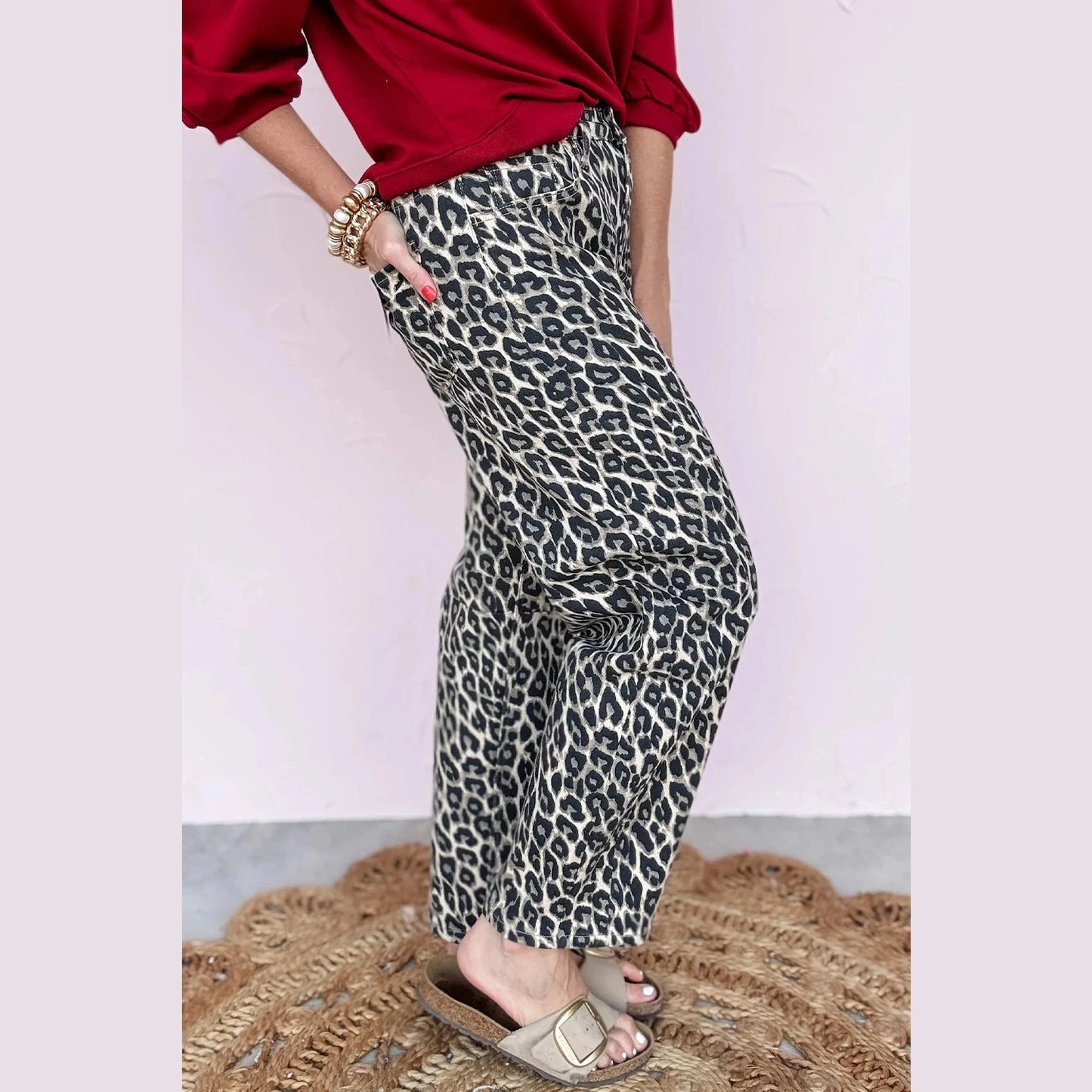Elsa Black Leopard Print Barrel Jeans