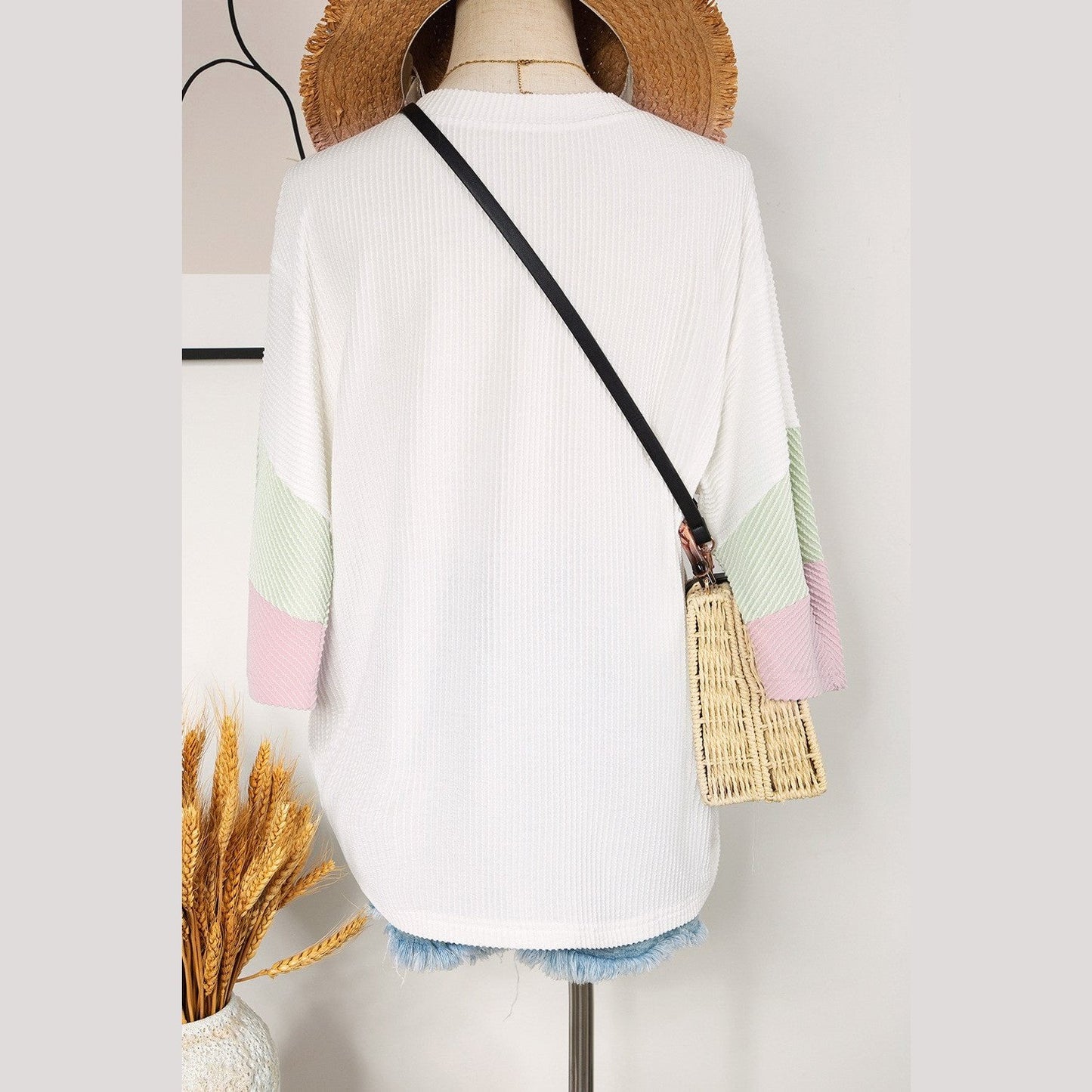 Elva White Color Block Ribbed Knit Quarter Sleeve Top - S to 3X