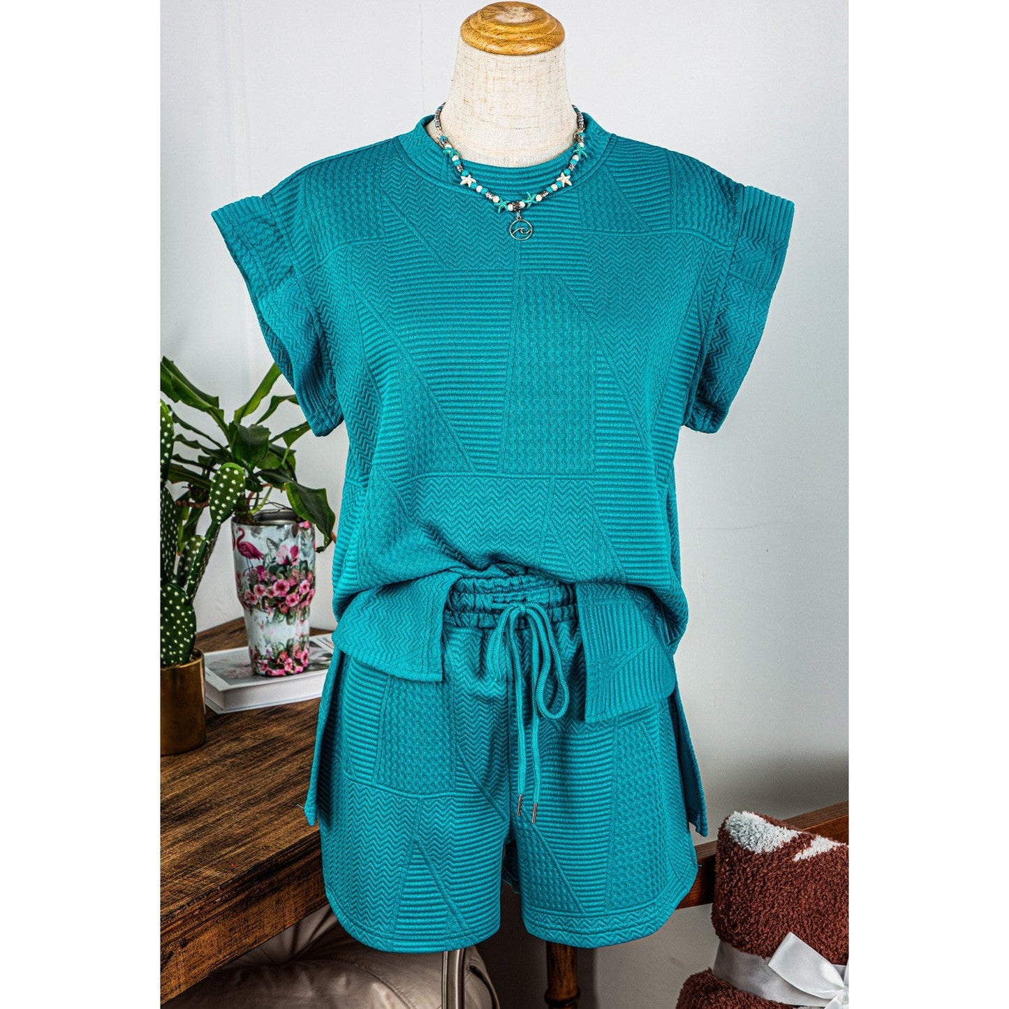 Emberly Teal Textured Ruffle Split Top and Drawstring Shorts