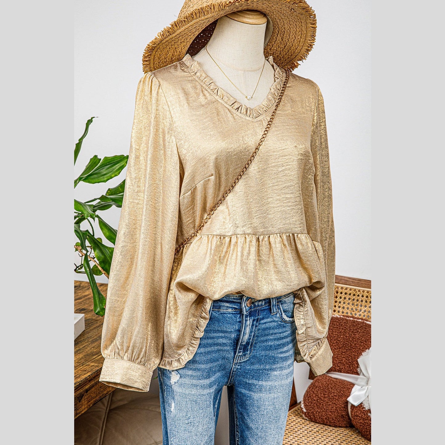 Ellie Mae Gold Metallic Frilled V Neck Puff Sleeve Babydoll Blouse