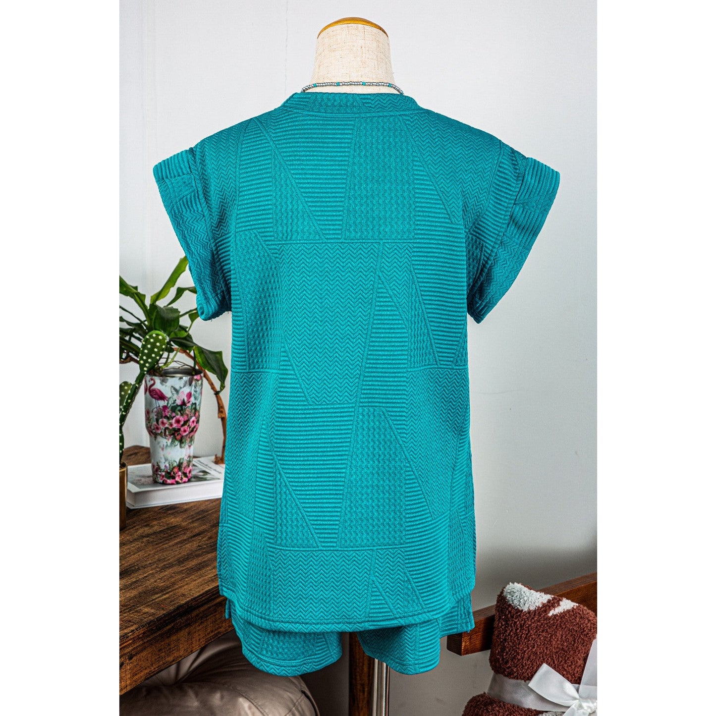 Emberly Teal Textured Ruffle Split Top and Drawstring Shorts