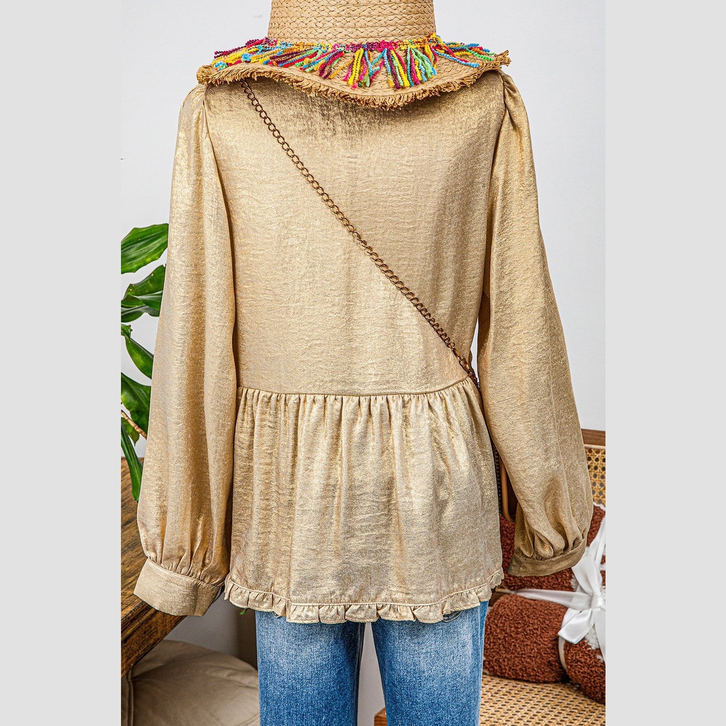 Ellie Mae Gold Metallic Frilled V Neck Puff Sleeve Babydoll Blouse