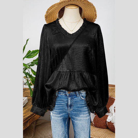 Ellie Mae Black Metallic Frilled V Neck Puff Sleeve Babydoll Blouse
